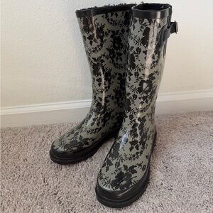 Gold Toe Black and Gray Floral Women's Rain Boots